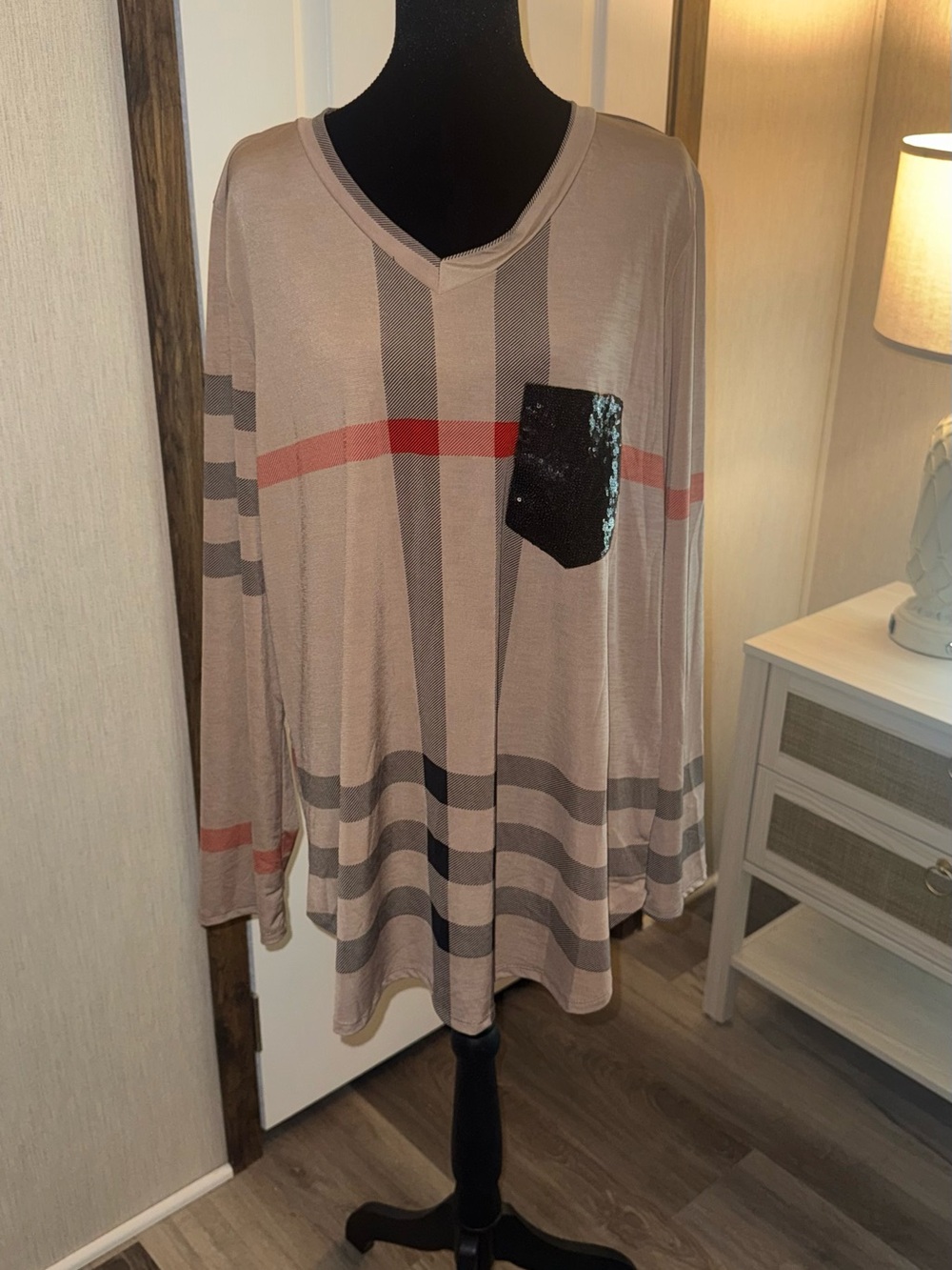 HEIMISH USA Beige & Black Striped V-Neck Top NWT